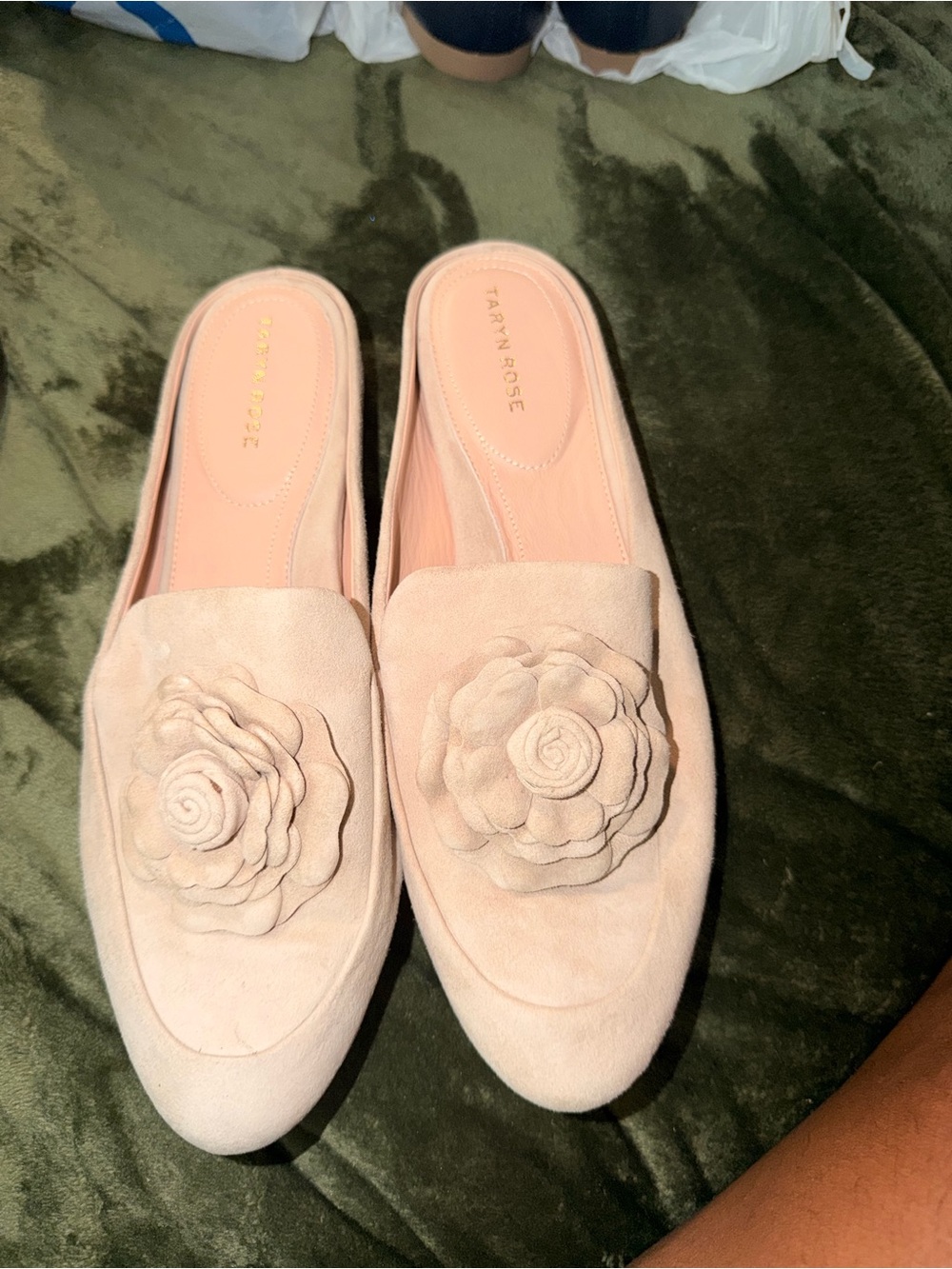 Taryn Rose Blush Suede Floral Applique Slip-On Mules